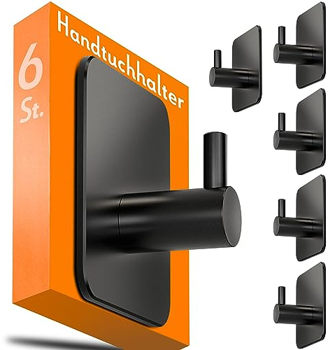 4smile Handtuchhalter ohne Bohren, klassische Klebehaken, 6er Set, Schwarz | Badezimmer Handtuchhalter, Klebehaken aus Edelstahl, Wasserfeste Haken selbstklebend, Handtuchhaken für Bad, WC, Küche