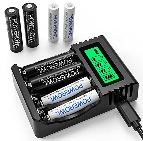 POWEROWL Akku Ladegerät mit 4 AA Akkus 2800mAh + 4 AAA Akkus 1000mAh - Akkuladegerät für NI-MH Wiederaufladbare AA AAA Batterien Schnellladegerät mit 8 Stück Akkus