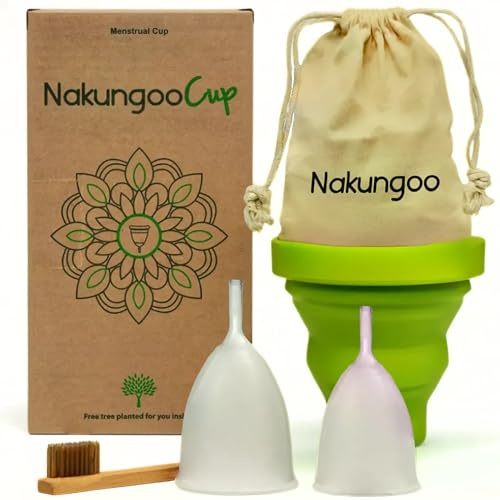 Nakungoo Cup Menstruationstasse Weich 100% Medizinisches Silikon Zertifiziert, Ökologische Alternative, Wiederverwendbar bei Starker Blutung | Set mit 2 Größen (S und L) Sterilisator, Beutel, Bürste
