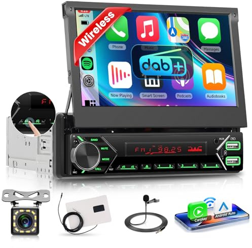 VECHTEL DAB/DAB+ Autoradio Carplay Android Auto Wireless mit 7 Zoll elektrisch einziehbarem Bildschirm,1-DIN-Radio FM mit Bluetooth,Mirror Link 2 USB/Type-C/SD mit Rückfahrkamera,Lenkradsteuerung