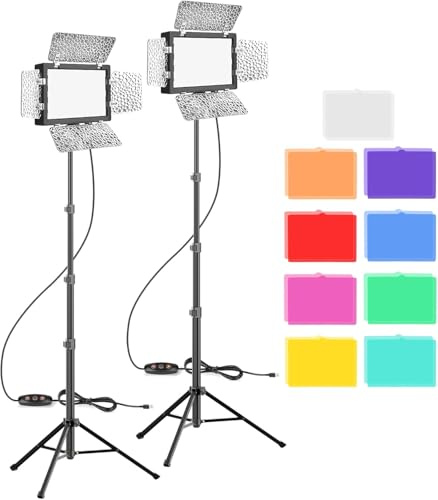 Upgraded 2 Packs LED Video Licht, EMART Dimmbare Videoleuchte mit Barndoor und 9 Farbfiltern, 5500K 66 LED Fotografie Beleuchtung für Videoaufnahme, Streaming, YouTube, Fotostudios, Shooting