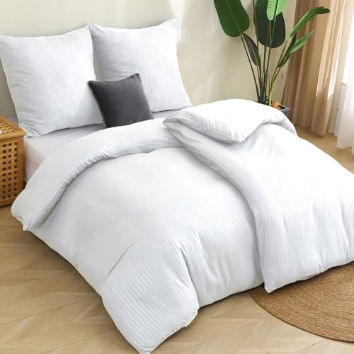 Pamposh Geprägte Satin-Streifen Bettwäsche 135x200 cm – 4-Teiliges 2 Bettbezug Set Mit 2 Kissenbezügen 80x80 cm, Weiche & Atmungsaktive Satin-Bettwäsche, Pflegeleicht & Elegant
