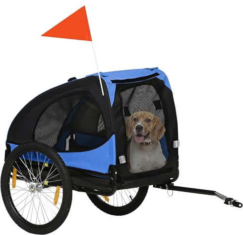 PawHut Hundeanhänger Faltbar Fahrradanhänger für Hunde Hundefahrradanhänger mit Sicherheitsleine, Reflektoren, Flagge, Aufbewahrungstasche für Hunde bis 30 kg Blau