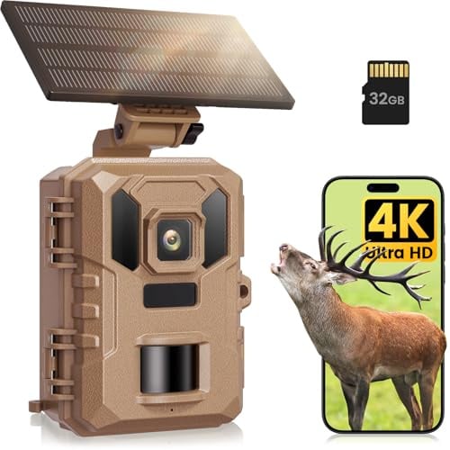 VIDVIS WLAN Wildkamera mit Handyübertragung App, 4K 64MP Wildtierkamera mit Nachtsicht Bewegungsmelder, Solar-Wild Kamera mit 850nm Infrarot-LED, 0,1s Auslösung, 32GB SD-Karte, IP66 Wasserdicht