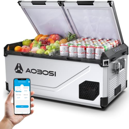AAOBOSI Kompressor Kühlbox 75L Edelstahl, mit APP, -20°C bis 20°C, 12V 230V | Edelstahl-Gehäuse, APP-Fernsteuerung, Kompressor-Kühlbox -20°C bis 20°C, LED, leise, 12V 24V 230V AC