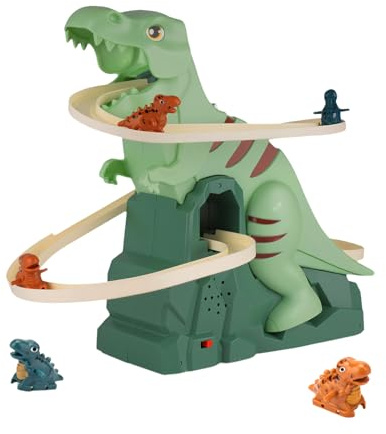runpeak Dino Achterbahn Spielzeug - Dinosaurier Spielzeug mit achterbahn, Kinderrutsche und Slide Spiel, Elektrischer Treppensteiger mit Klappbarer Bahn, Bewegliche Dinos, Blinkendes Licht und Musik