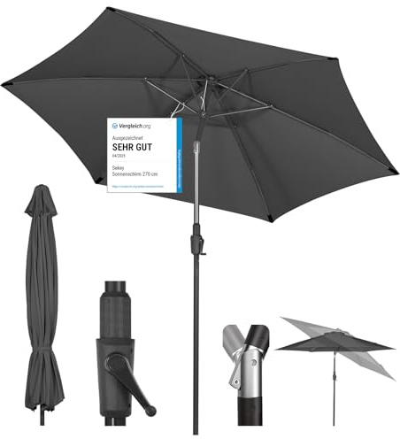 Sekey® 270cm Sonnenschirm mit Kurbel und Auto Kippen, Marktschirm für Terrasse，Balkon & Garten, Windfest Stabil UPF 50+,Grau,Rund