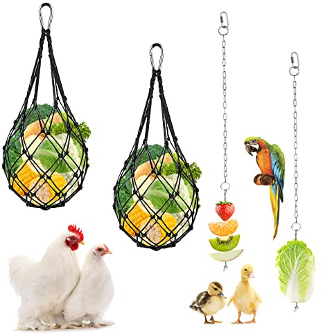 Huhn Gemüse Spießgemüse Hängende Feeder Spielzeug Geflügel Obsthalter Futterspender (2 Spieße + 2 Schwarze Beutel)