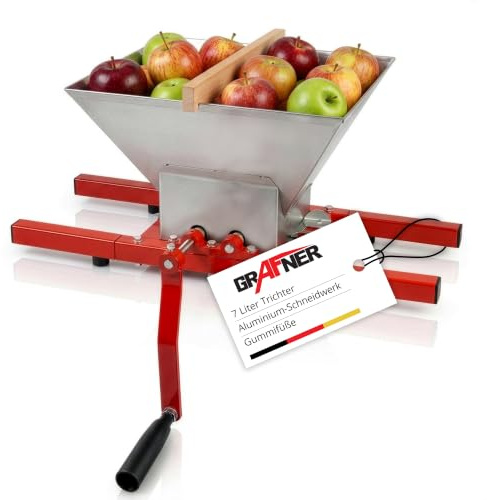 Grafner Obstmühle 7 Liter, Massive Ausführung mit Handkurbel, Apfelpresse Beerenmühle Traubenmühle Saftpresse Obsthäcksler Maischemühle Obstpresse