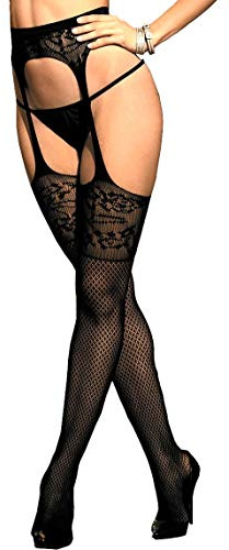 krautwear Damen Strumpfhose Strumpfgürtel Strapsstrumpfhose Ouvert im Sexy Strapse Look aus Spitze Schwarz