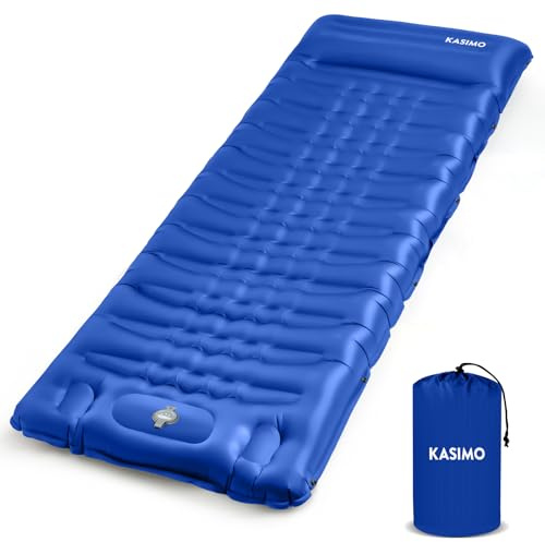 KASIMO Isomatte Selbstaufblasend 12CM Luftmatratze Camping mit integrierten kopfkissen, Aufblasbare Matratze mit Fußpumpe Ultraleichte & Kompakte Isomatte - perfekt für unterwegs Wandern Zelt Blau