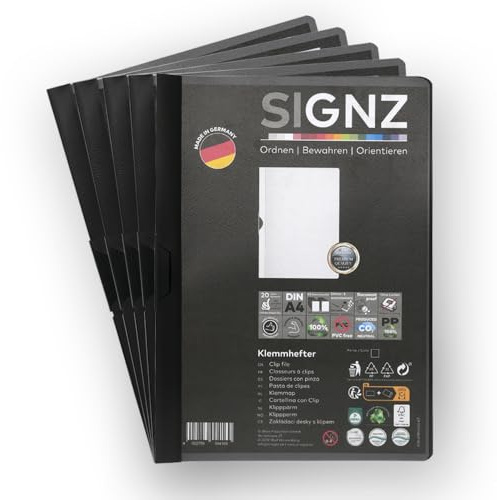SIGNZ Klemmhefter DIN A4, 5 Stück, schwarz, Für bis zu 60 Blatt, CO2-neutral hergestellt, made in Germany
