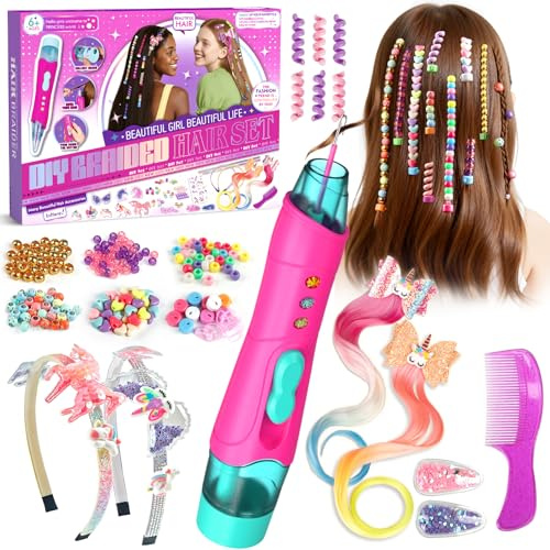 Geschenk Mädchen 5 6 7 8 9 10 Jahre, Haarschmuck Mädchen DIY Haarperlen Set | mit Applikator & Einhorn-Haarschmuck Perücke Haarnadel Haarreifen Clips, Mädchen Spielzeug Kreatives Geschenk für Kinder 5-12