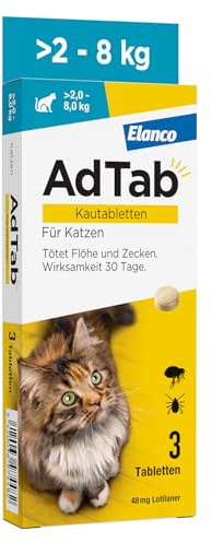 AdTab Katze 2-8 kg - Kautablette gegen Flöhe und Zecken, 3 Stück | Kleine, leckere Kautablette mit Vanille-Hefe-Aroma, 3 Monate Zeckenschutz und Flohschutz für deine Katze, schnelle Wirkung