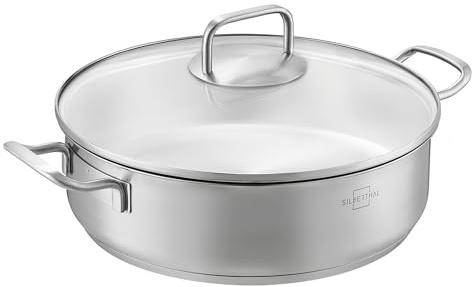 SILBERTHAL Schmorpfanne Unbeschichtet 28 cm hoher Rand - Servierpfanne mit Deckel - Backofengeeignet bis zu 400° - Induktionsgeeignet - 5l