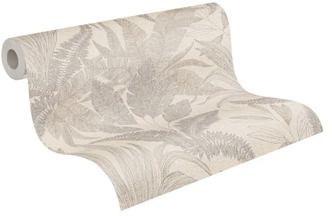 Livingwalls Tapete 396545 mit Palmenblättern in Beige, Creme - hochwertige florale Tapete mit feiner Struktur und Metalliceffekt in Gold - 10,05m x 0,53m