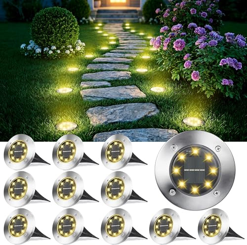 Joomer 12 Stück Solar Bodenleuchten Aussen, Solarleuchten für Garten Außen mit 8 LEDs, 3000K Warmweiß Wasserdicht Led Solar Gartenleuchten, Solarlampen für Außen Rasen Auffahrt Gehweg Patio