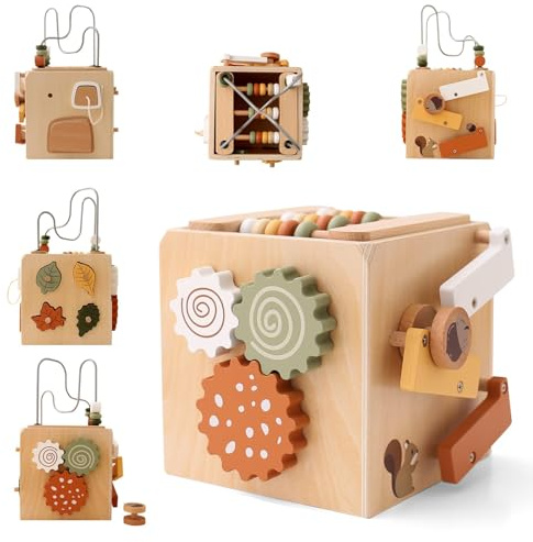 WOODEN TEETHER Montessori Motorikwürfel holzspielzeug Montessori Spielzeug 6 in 1（Naturholzfarbe Aktivitätswürfel）