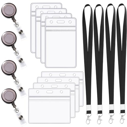 JKITNHJOT Ausweishülle mit Band Set, 8 Stück Wasserdicht Transparente Kartenhülle, 4 Stück Lanyard, 4 Einziehbarem Schlüsselanhänger, Ausweishalter für Studenten Mitabeiter Arzt