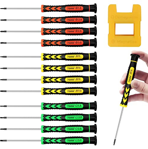 12-teiliges Feinmechaniker Schraubendreher Set mit Magnetisierer | Kreuz-, Schlitz- und Torx-Schraubendreher von 1,5-3,0 mm bzw. T5-T10 für Brillen, Uhren und Elektronik.