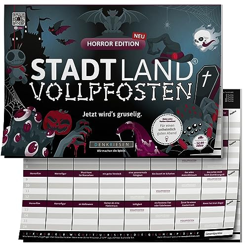 DENKRIESEN Stadt Land VOLLPFOSTEN Horror Edition | DIN A4 Spielblock | 50 Blatt ab 12 Jahren mit gruseligen Kategorien, ideal für Halloween, Partys und spannende Spieleabende.
