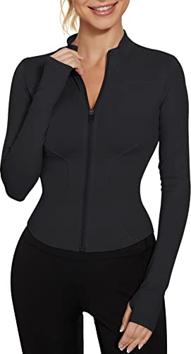 IECCP Gym Tops Damen Sport Tshirts Langarm Laufshirts Yoga Crop Top Fitness Sportshirt Leicht Workout Oberteil mit Daumenloch Schwarz L
