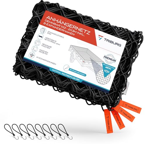 Anhängernetz dehnbar 1x2 bis 2x3 inkl. 8X Expander Haken - Anhängernetz inkl. 8X Gummispanner mit Haken für optimale Ladungssicherung