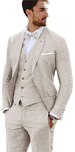 Furuyal Leinenanzug, 3-teilig, Vintage-Retro-Stil, Hochzeit, Abschlussball, Anzüge, schmale Passform, Jacke, Blazer, Bräutigam, Smoking