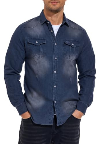 HOTIAN Herren Hemden Denim Shirt Jeanshemd Herren Freizeithemd Regular Businesshemd Slim Fit Herrenhemden