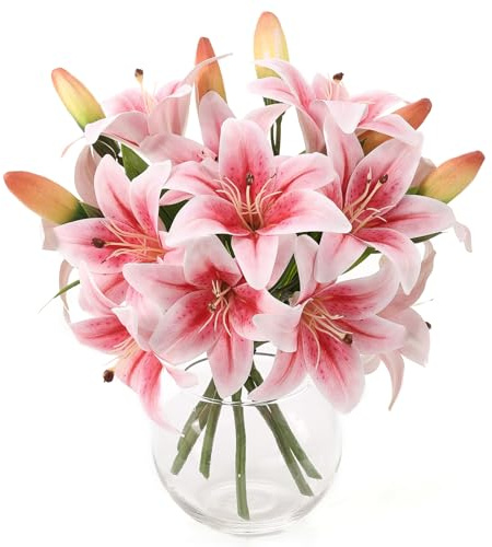 merakdoira 6-teiliges künstliches Lilien-Set – 12 Blüten & 6 Knospen künstliche Blumen | Hochzeit/Haus/Büro Dekor, DIY, Grab | Künstliche Blumen (rosa)