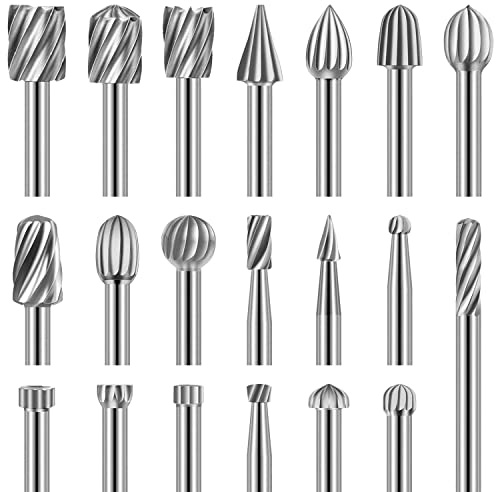shengbenhao Holzschnitzerei Bohrer Set für Rotary Tool | 20 Stück HSS-Drehfräser-Set, Frässtifte für Heimwerker, Holzarbeiten, Schnitzen, Gravieren, Bohren – 3 mm Schaft