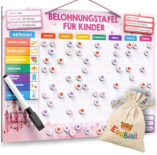 Edubini Belohnungstafel Kinder - [100 Aufgaben + 350 Magnete] - Belohnungssystem für Verantwortung - Family Plan, Montessori Magnettafel, Wochenplaner, Adhs Hilfsmittel - inkl. Tasche, Stift