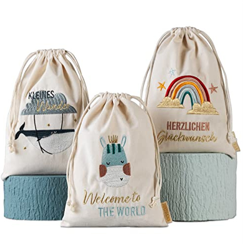 Papierdrachen 3 Geschenksäckchen zum Geburtstag - zur Geburt | Hochwertig bestickt - ideal zum Verpacken von kleinen Geschenken - Größe 20x30 cm - mit Zugband - verschiedene Motive