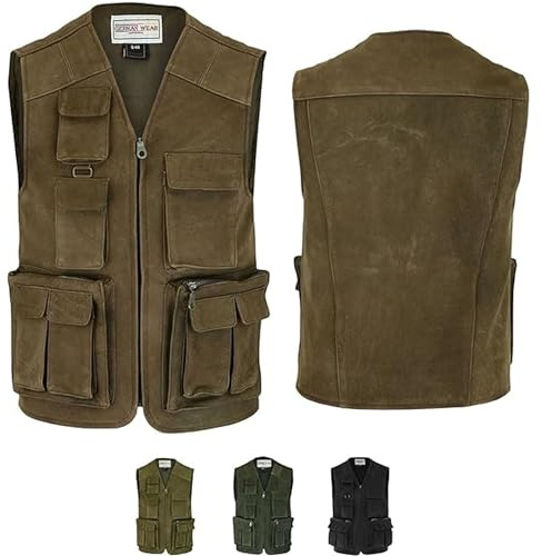 German Wear Herren Jagd Lederweste Jagdweste aus Nubuckleder - Freizeit 9-Taschen Angelweste - Outdoor Camping Multi-Taschen Angler Weste - Multifunktionsweste Tarnweste Dunkelbraun - 56