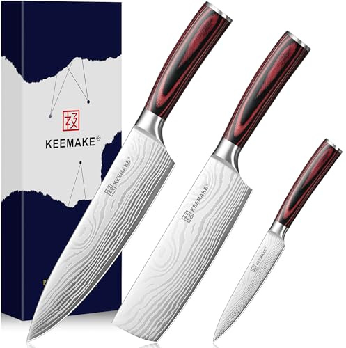 KEEMAKE Profi Küchenmesser Set 3-teilig, Rasiermesserscharf Edelstahl Kochmesser, Hackmesser & Spickmesser, Ergonomischer Pakkaholz-Griff, für Küche, Restaurant & Grill, Vatertagsgeschenk für Papa