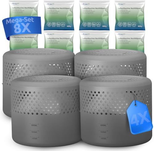 BonAura® 4x Luftentfeuchter ohne Strom + 8x 400g Luftentfeuchter Nachfüllpack - Raumentfeuchter bis 40m² für Keller, Bad uvm. - Entfeuchter und Luftentfeuchter Granulat im Set - Schutz vor Schimmel