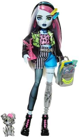Monster High Frankie Stein-Puppe in Jeansjacke und Shorts, zum Lieferumfang gehören auch Ihr Hund Watzie und Zubehörteile wie EIN Rucksack, EIN Snack und EIN Notizbuch, HXH73