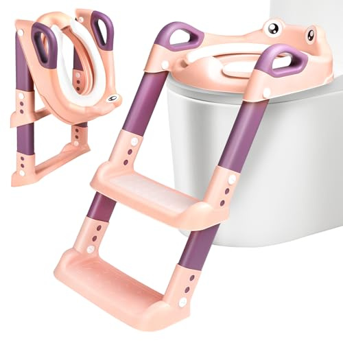Toilettensitz Kinder mit Treppe, Toilettentrainer für Kinder, 2 IN 1 Toilettentrainer mit Treppe für Jungen und Mädchen, WC Sitz mit PU Gepolsterter Höhenverstellbar & Faltbar, Rutschfest (Rosa)
