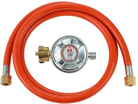 Hicello Gasregler Druckminderer 50mbar+Gasschlauch 150cm 1/4 Linkegewinde Betriebsdruck Gas Niederdruckregler Druckregler Zubehör/Ersatzteil für Gasgrils für Camping Picknicks Grillpartys