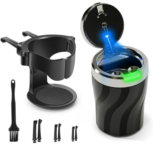 Aschenbecher auto, Geoyien auto aschenbecher mit deckel, aschenbecher geruchsdicht, mit Halter und Reinigungsbürste, Automatisches LED-Licht, Versiegelt, flammhemmend, Großem Fassungsvermögen