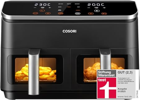 COSORI Airfryer, Testsieger der Stiftung Warentest, Heißluftfritteuse 2 Kammern, 8,5L Heissluftfritteuse mit Sichtfenster, Metall-Innenraum reduziert Kunststoffkontakt