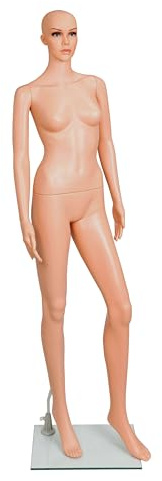 Schaufensterpuppe Schaufensterfigur weiblich Dame hautfarben, 176cm | Mannequin Damenfigur Kunststoff mit Kopf ausdrucksstarkes Gesicht, mit Pose, inkl. Glasstandplatte, Konfektionsgröße 34/36