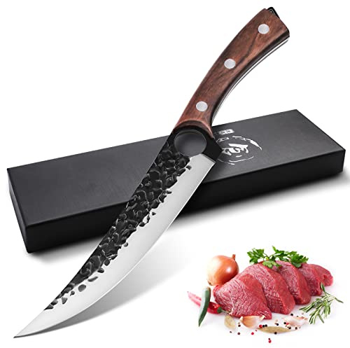 Purple Dragon 7 Zoll Full Tang Ausbeinmesser mit Geschenkbox - Holzgriff | Full Tang Kochmesser, Geschmiedete Klinge, ATS-34 Stahl, Küchenmesser für Deboning, 15°handgeschliffen, Fleisch Gemüse, Küche