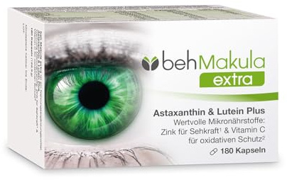 beh Makula extra - Astaxanthin (hochdosiert)-Lutein-Zeaxanthin Kapseln | Augenvitamine C, E, Folsäure, Vitamin B6, B12, Zink & Kupfer | verbesserte Rezeptur (180 Kapseln)