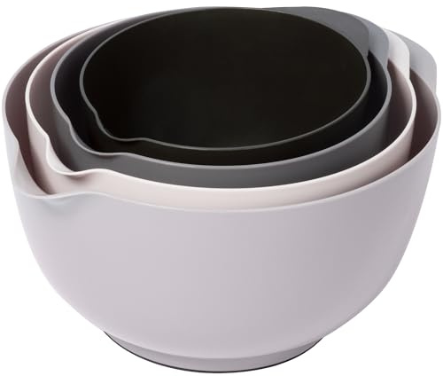 BoxedHome Rührschüssel Set, BPA-freiem Kunststoff, Große, 4tlg., Grau | 4,3/3,3/2,4/1,6L, Rutschfester Boden, Ausgießer, Griff, Stapelbar, 70% Platzersparnis, Spülmaschinenfest, für Backen & Kochen
