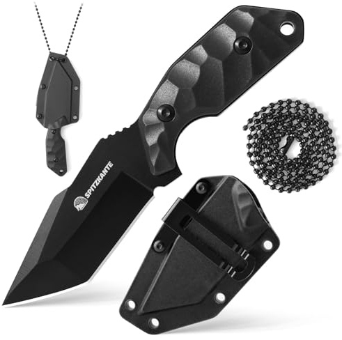 SPITZKANTE Neck Knife X-TAN-K, Kleines Full Tang Messer mit 7, 8 cm 5Cr14MoV Klinge, EDC Outdoor Messer Feststehend, mit ABS Scheide, Kugelkette (B-Vollschwarz)