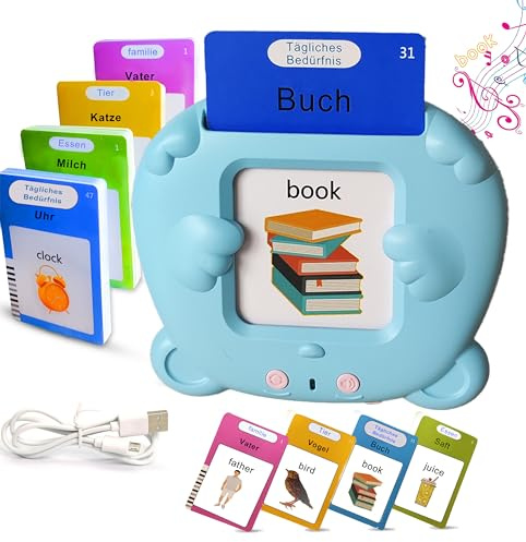 Sprechende Flash-Karten für Kinder Talking Flash Cards 112 Karten 224 Wörter von 3 4 5 6 7 Jahren Montessori Autismus Lernspielzeug für Kinder Geburtstagsgeschenk Motami (Deutsch-Blau)