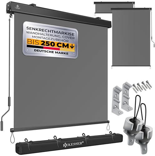 KESSER® Senkrechtmarkise 200x250cm Außenrollo Handkurbelmechanismus Balkonrollo Sonnen-und Sichtschutz Beschattung Sonnenschutz mit Kurbel Markisenkasten Balkon & Terrasse inkl Montageset & Abdeckung