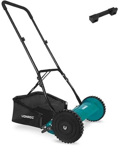 VONROC Handrasenmäher - Rasenmäher manuell 40cm breit - Spindelmäher mit 4 Höheneinstellungen (15-25-31-35mm) - Rasenmäher für kleine Flächen - Inkl. Wandhalterung & Grasfangkorb