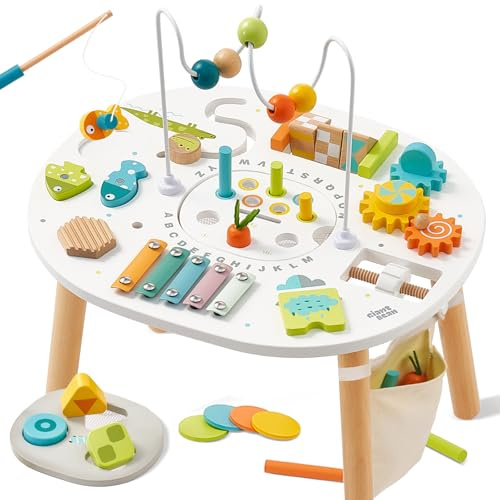 Giant bean Holz Aktivitätstisch für Kinder 1+, 11-in-1 Activity Tisch mit Lern und Motorik Spielzeug für Kleinkinder ab 12 Monaten, Geschenk Motoriktisch Spielzeug ab 1 2 3 Jahre Mädchen Junge